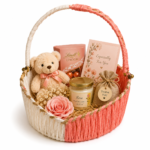 BasketRoot Round Dual-Tone Pink & Cream Handwoven Gift Hamper Basket with Arch Handle