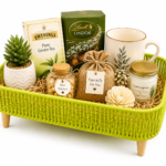 BasketRoot Lime Green Handwoven Rectangular Gift Hamper Tray with Elegant Wooden Legs
