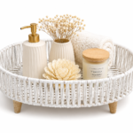BasketRoot Round Handwoven Vanity Tray with Elegant Wooden Legs