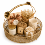 BasketRoot Premium Round Gold-Plated Metal Wire Mesh Hamper Basket with Side Metallic Flowers