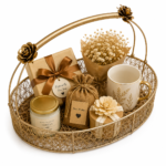 BasketRoot Premium Oval Gold-Plated Metal Wire Mesh Hamper Basket with Side Metallic Roses