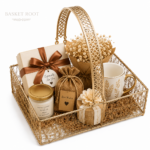 BasketRoot Premium Rectangular Gold-Plated Metal Wire Mesh Hamper Basket with Intricate Cutwork Handle
