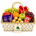 Basket Root Premium White & Gold Fruit Basket Hamper | Luxury Gift Tray with Assorted Fruits & Chocolates for Festivals & Corporate Gifting