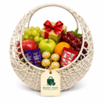 Basket Root Premium White Arch Fruit & Chocolate Gift Basket | Luxury Handwoven Moon-Shaped Hamper for Special Occasions & Festivals