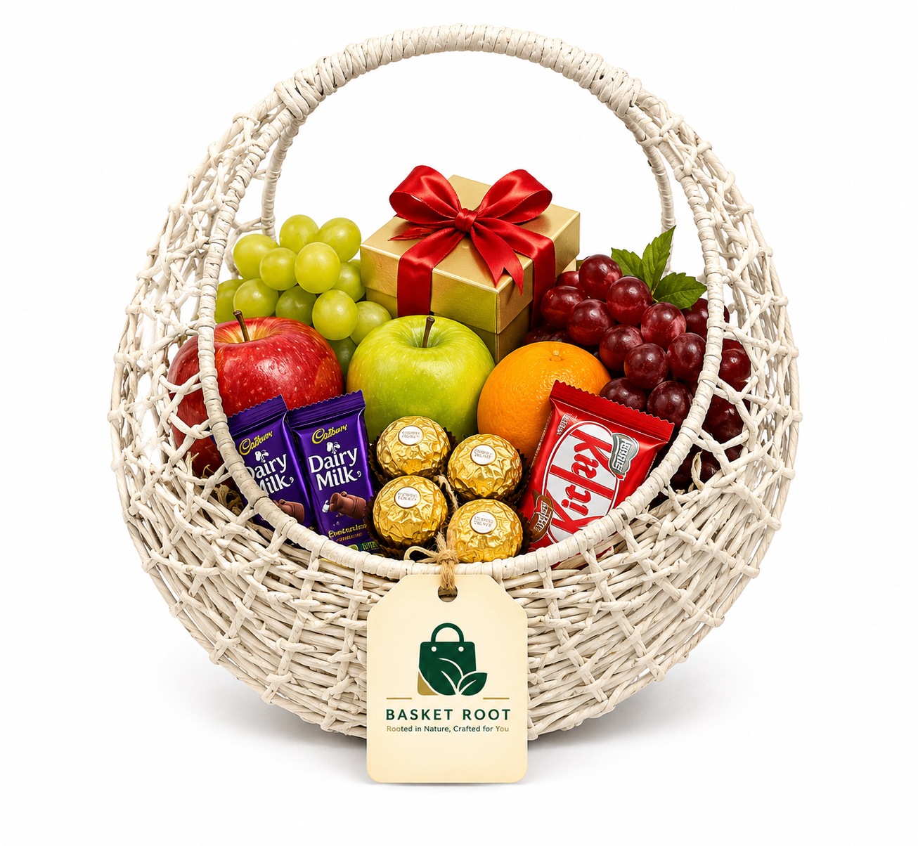 file_000000004e1071fa9de282bd898cb0cd Basket Root Premium White Arch Fruit & Chocolate Gift Basket | Luxury Handwoven Moon-Shaped Hamper for Special Occasions & Festivals - Image 1