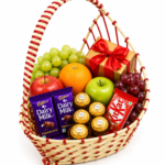 Basket Root Premium Red & Cream Boat-Shaped Gift Basket | Luxury Asymmetrical Fruit & Chocolate Hamper with High Arch Handle