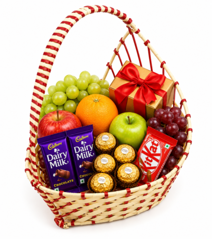 Basket Root Premium Red & Cream Boat-Shaped Gift Basket | Luxury Asymmetrical Fruit & Chocolate Hamper with High Arch Handle