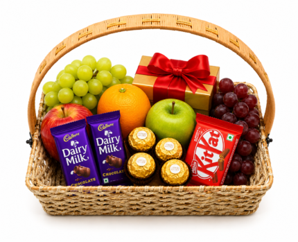 Basket Root Premium Cane Arch Gift Basket | Luxury Fruit & Chocolate Rectangular Hamper with Single Handle for Festive & Corporate Gifting