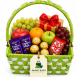Basket Root Premium Green & White Handwoven Gift Basket | Luxury Fruit & Chocolate Hamper with Single Arch Handle for Festive Gifting