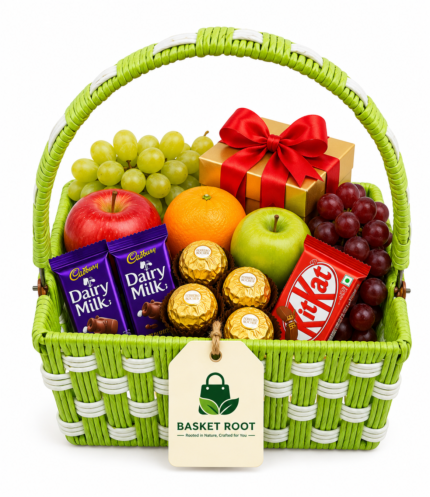 Basket Root Premium Green & White Handwoven Gift Basket | Luxury Fruit & Chocolate Hamper with Single Arch Handle for Festive Gifting