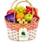 Basket Root Premium Bag Tri-Color Round Gift Basket | Luxury Fruit & Chocolate Hamper with Golden Handles for Weddings & Festivals