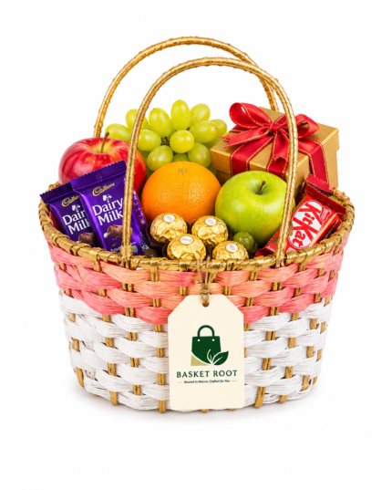 Basket Root Premium Bag Tri-Color Round Gift Basket | Luxury Fruit & Chocolate Hamper with Golden Handles for Weddings & Festivals