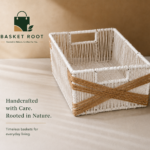Basket Root Handcrafted Rectangular Raffia Organizer Basket with Built-in Handles (White & Brown X-Pattern)