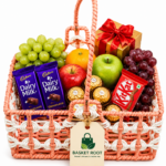 Basket Root Premium Peach & White Handwoven Gift Basket | Luxury Fruit & Chocolate Hamper with Dual Handles for Festivals & Anniversaries