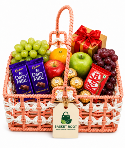 Basket Root Premium Peach & White Handwoven Gift Basket | Luxury Fruit & Chocolate Hamper with Dual Handles for Festivals & Anniversaries