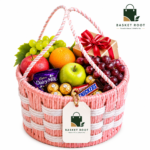 Basket Root Premium Handwoven Raffia & Metal Gift Basket (Pink & White, Medium Size) – Perfect for Hampers, Fruit Basket & Home Decor