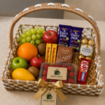 Basket Root Premium Woven Raffia & Metal Gift Basket with Handle (Brown & White)
