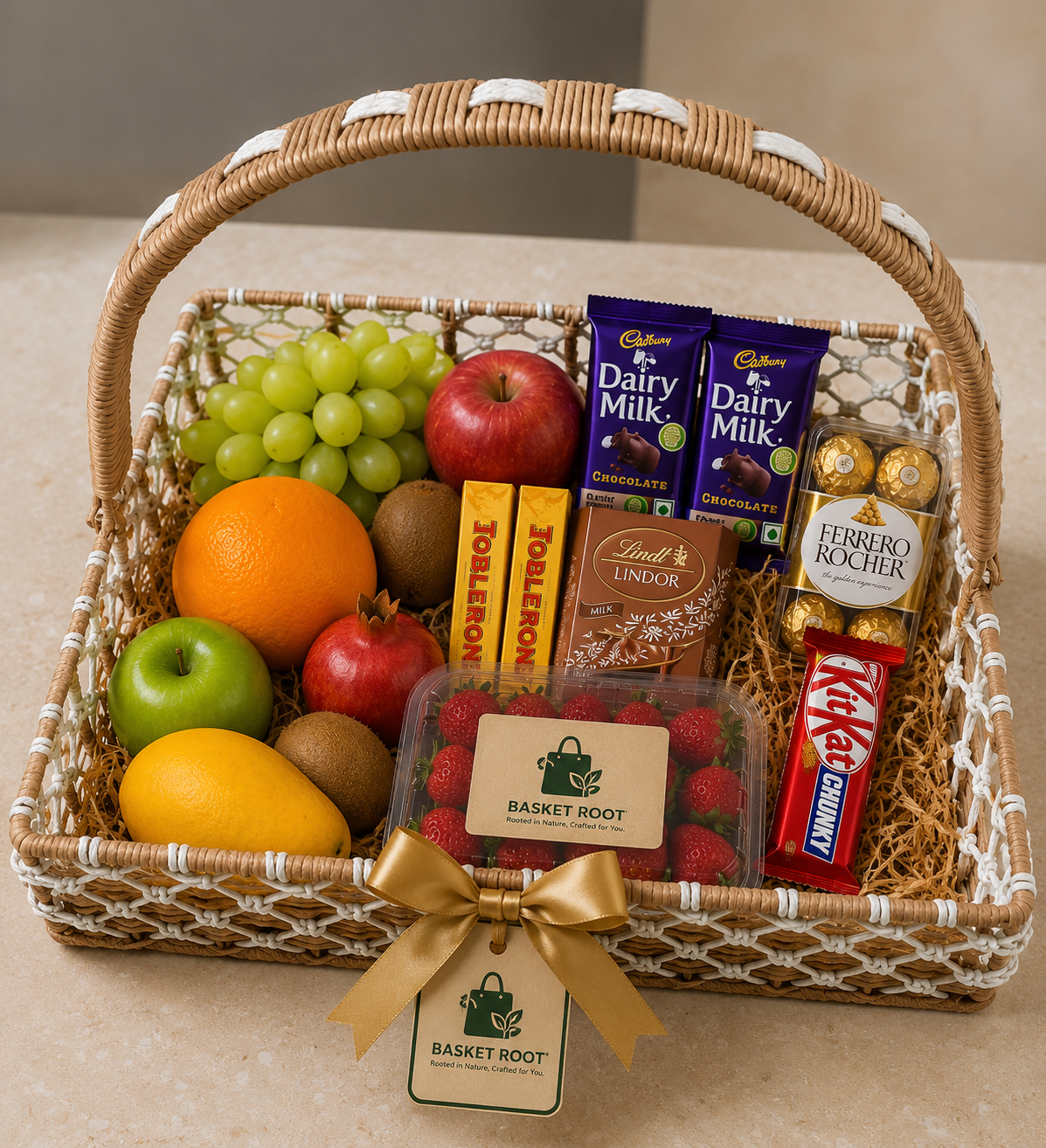 file_00000000aaec720782a7f71035a5da4f Basket Root Premium Woven Raffia & Metal Gift Basket with Handle (Brown & White) - Image 1