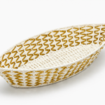 Basket Root Handcrafted Boat-Shaped Raffia & Metal Nao Tray Basket (Golden & White, Shallow Design)