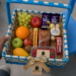 Basket Root Handcrafted Raffia & Metal Gift Hamper Basket (Blue & White, Medium)