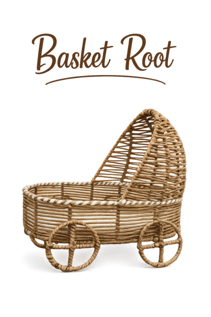 Basket Root Handcrafted Car Pram-Shaped Raffia & Metal Gift Basket (Brown & White, Vintage Carriage Design)