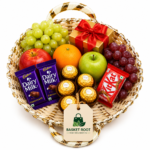 Basket Root Premium Round Fruit & Chocolate Gift Basket | Luxury Handwoven Festive Hamper with Gold Accents for Gifting